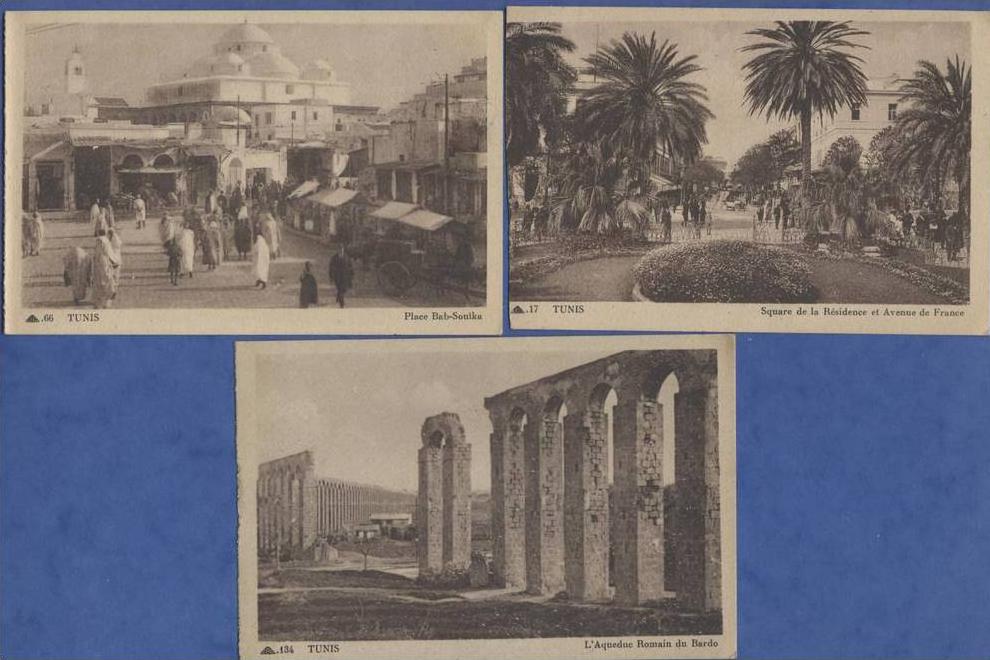 AF - TUNISIE lot de trois cartes de Tunis Place Bab-SouÏka, Square de la Résidence, Aqueduc du Bardo