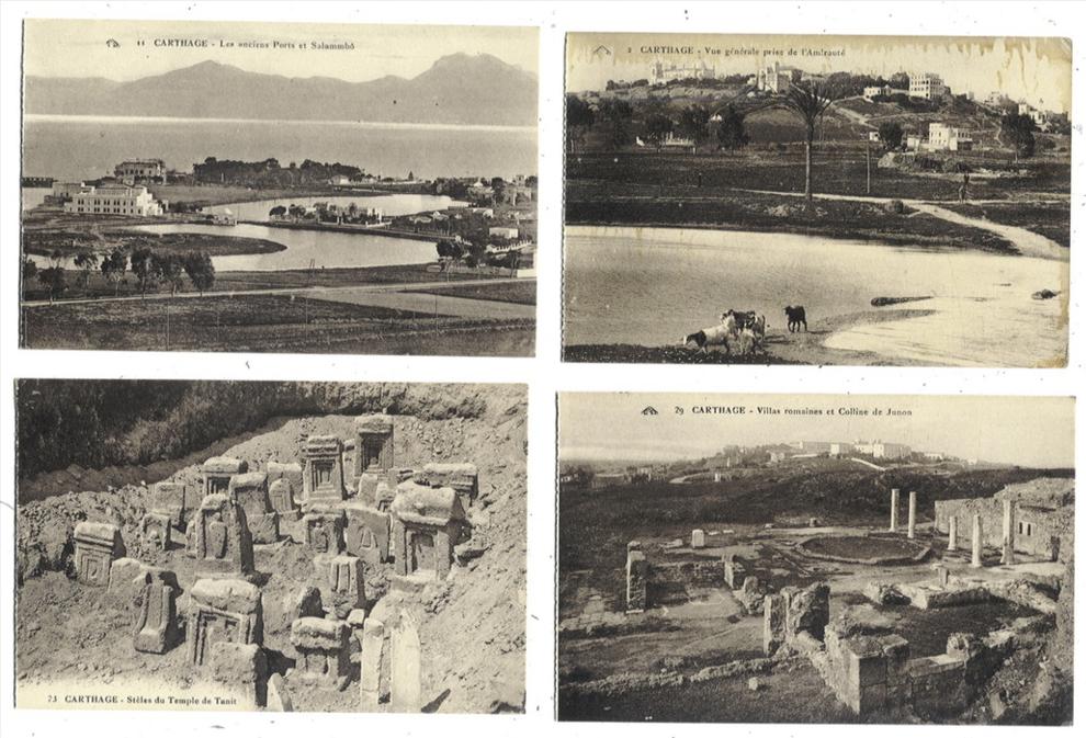 TUNISIE - CARTHAGE - Lot de 4 CPA Les anciens ports et Salammbô - Stèles du temple de Tanit - Vue générale - Villas ro