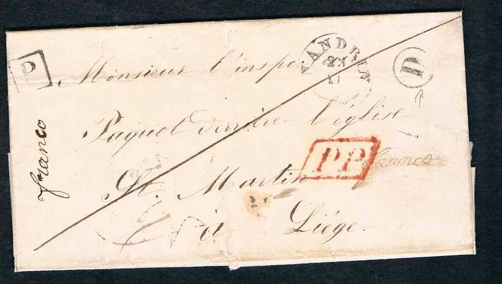 Belgique Précurseur 1848 Lettre T18 NANDRIN + Boite D de OUFFET + PP + P dans un carré. JAMAIS VU !!!