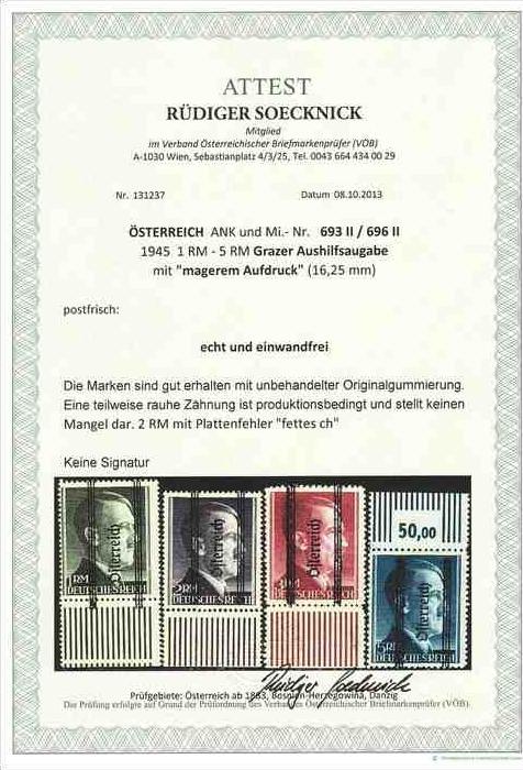 AUSTRIA ÖSTERREICH 1945 GRAZER AUSHILFSAUSGABE 693 II/ 696 II MIT ATTEST MNH / ** / POSTFRISCH