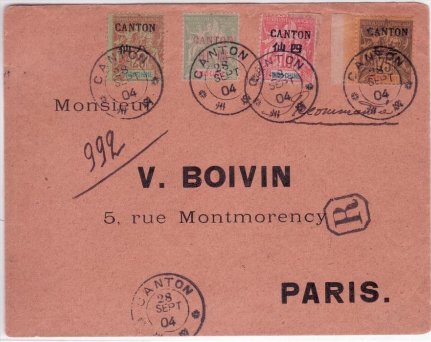 1904- enveloppe RECC. de CANTON ( Chine ) affr. TP Y & T n° 20,21,23 et 30 pour Paris