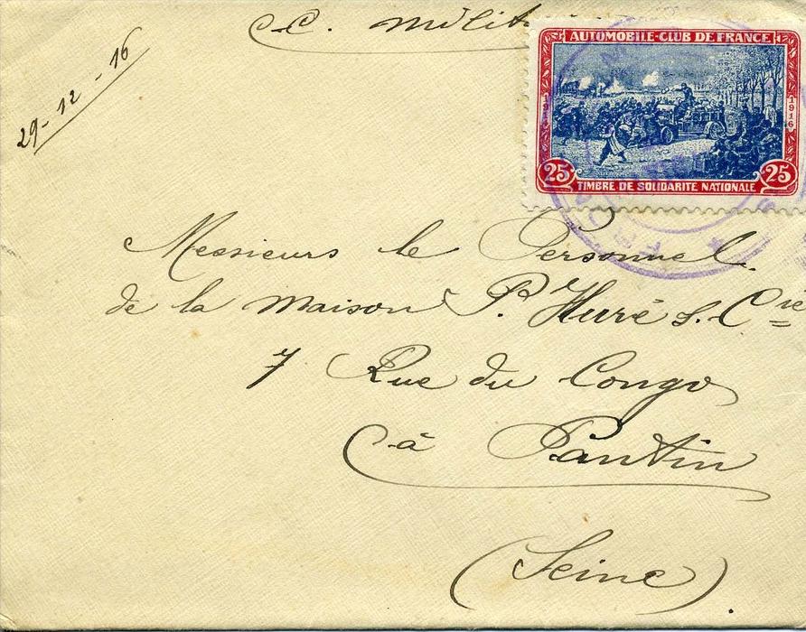 14/18 - lettre avec timbre de solidarité nationale (rare) - lettre du dragueur de mines Suzanne et Marie - 29/12/1916