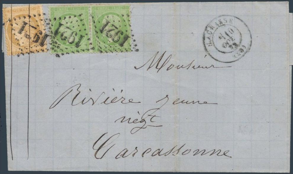 n°35 paire + n°59, oblitérés GC 1921 LAGRASSE s/lettre pour Carcassonne - B/TB