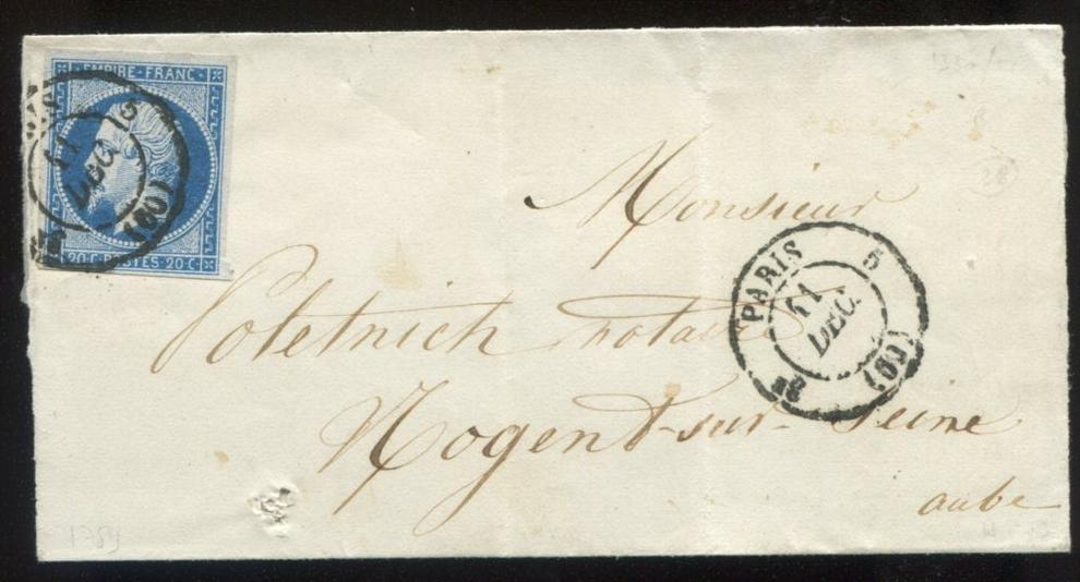 RARE cachet Paris 3E (60) 5 + n°14/lettre de Paris pour Nogent sur seine (aube) (certificat photo)