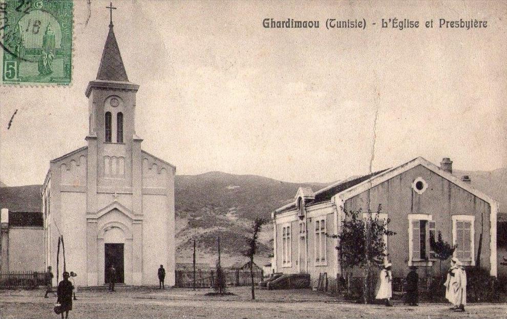 TUNISIE GHARDIMAOU L´ÉGLISE ET PRESBYTÈRE circulé en 1916