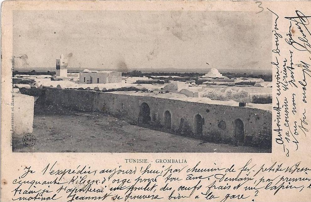 CPA TUNISIE, GROMBALIA, VOYAGE, 1905 , CORESPONDANCE A SAVOURER