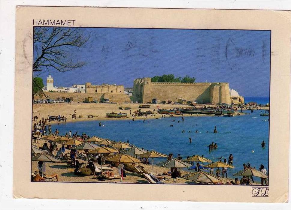 Carte Postale HAMMAMET FORT ET GOLFE écrite et postée en 1990 avec 2 timbres LA TORTUE TUNISIE