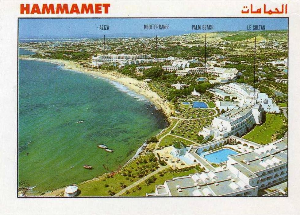 Afrique Tunisie, Le Golfe d'Hammamet, voyagée avec 2 beaux timbres au verso.