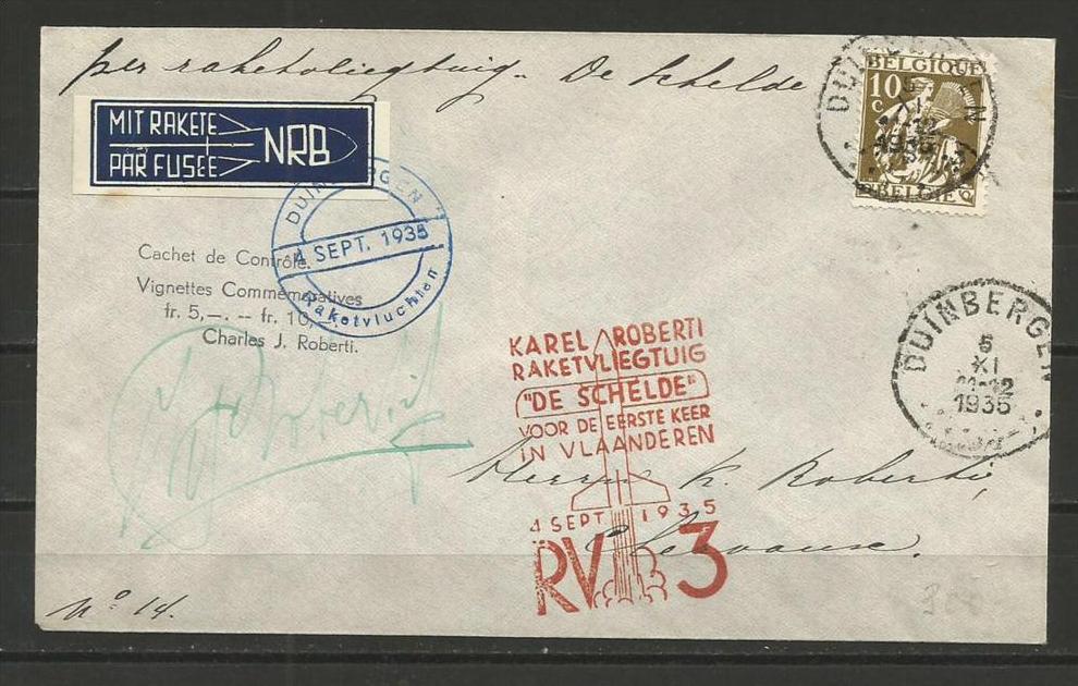 COURRIER PAR FUSEE - DUINBERGEN 04/09/1935 - Signature de ROBERTI